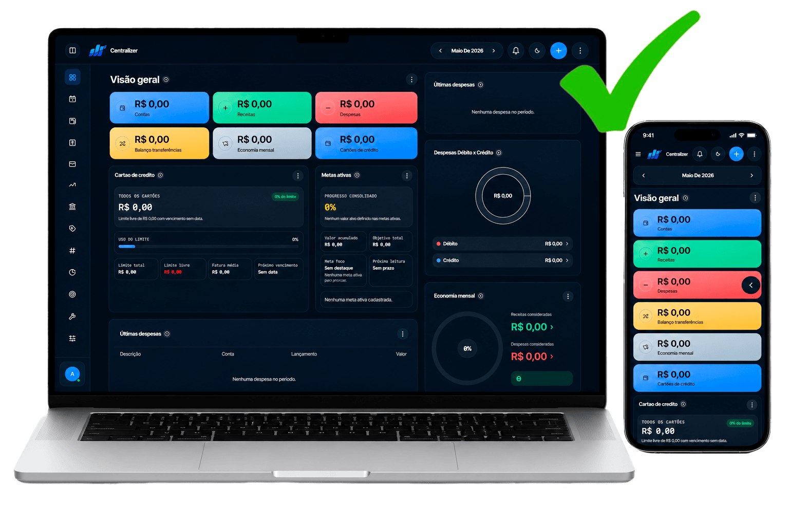 Dashboard financeiro organizado com indicadores e planilhas claras