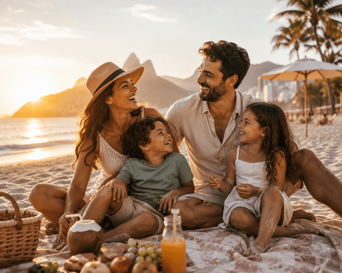 Família aproveitando um momento na praia